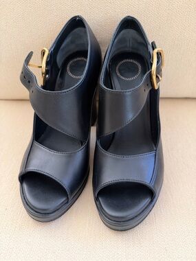 Chloe Black Leather Platform Mary Jane Pumps/Heels with Gold Buckle